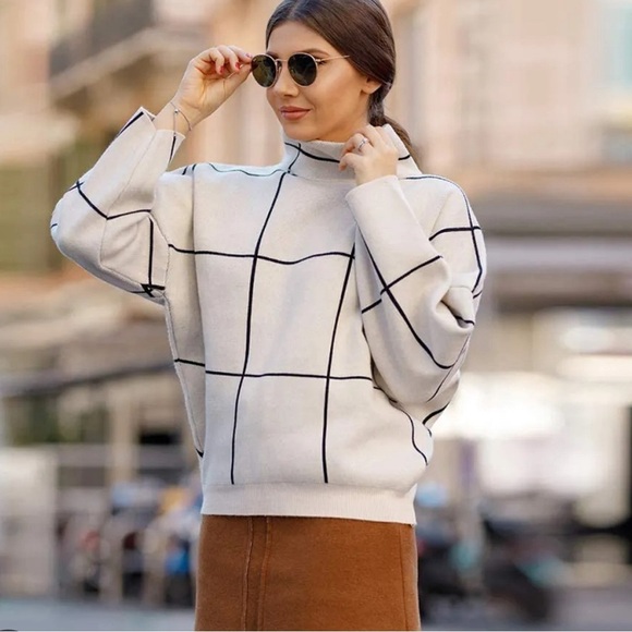 Chicwish Sweaters - ChicWish Windowpane Cream Black Sweater